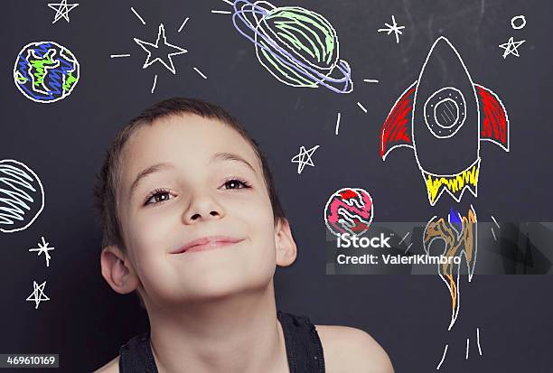 Young Boy And Imaginary Outer Space Stock Photo - Download Image Now - Boys, Chalk - Art Equipment, Chalk Drawing