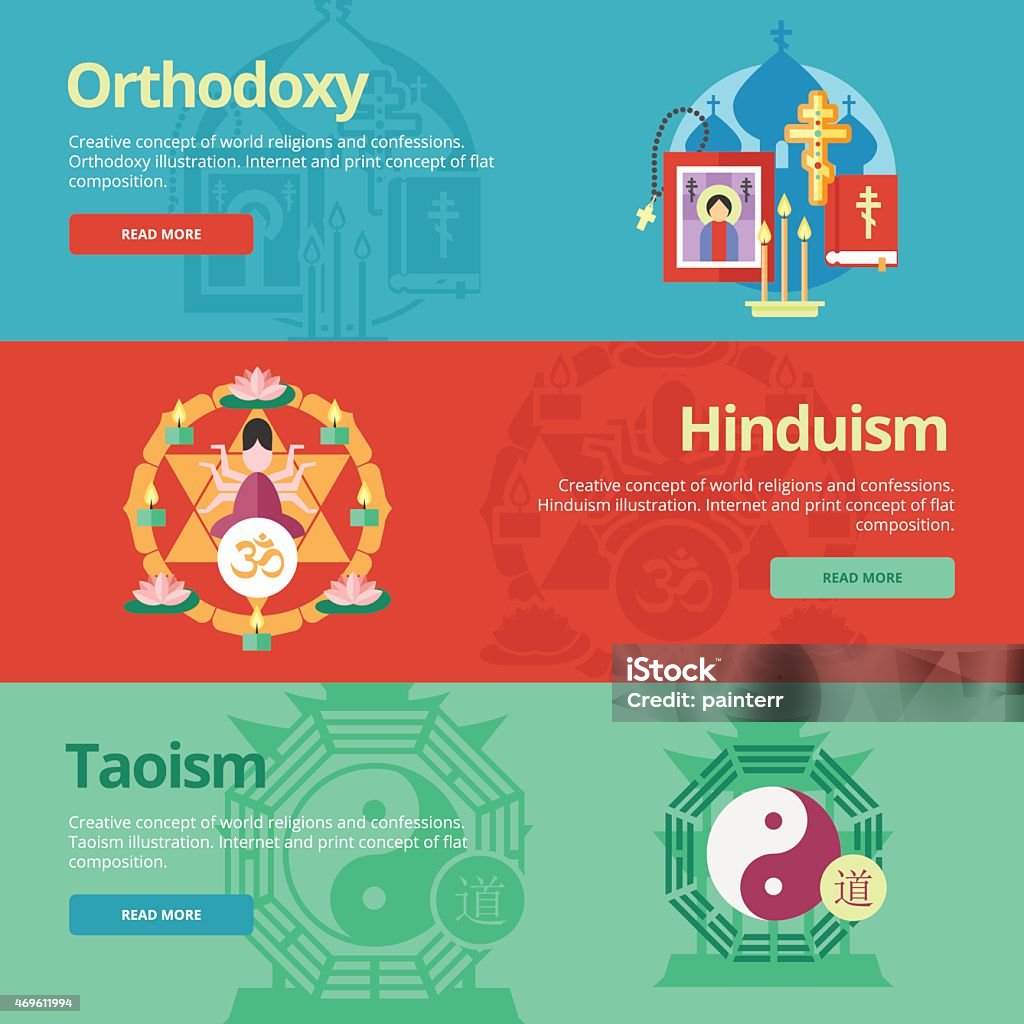 Flat banner concepts for orthodoxy, hinduism, taoism. Religion concepts. Flat design banner concepts for orthodoxy, hinduism, taoism. Religion concepts for web banners and print materials. 2015 stock vector