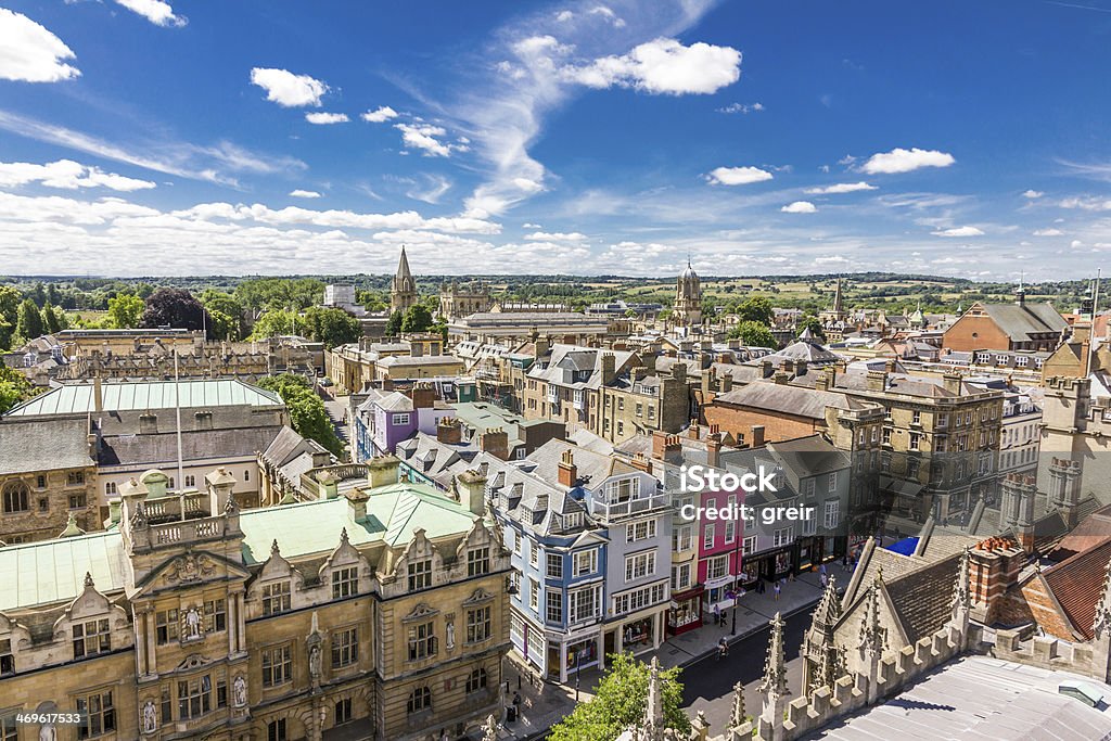 Aerial view of roofs in oxford, england Aerial view of roofs and spires of Oxford, England with blue sky in background Oxford - England Stock Photo