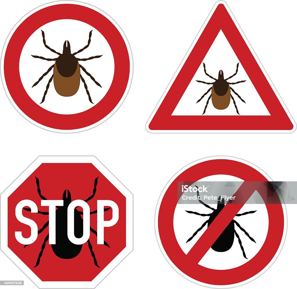 Tick parasite warning sign Tick parasite warning sign. Vector set of different signs with tick. 2015 stock vector