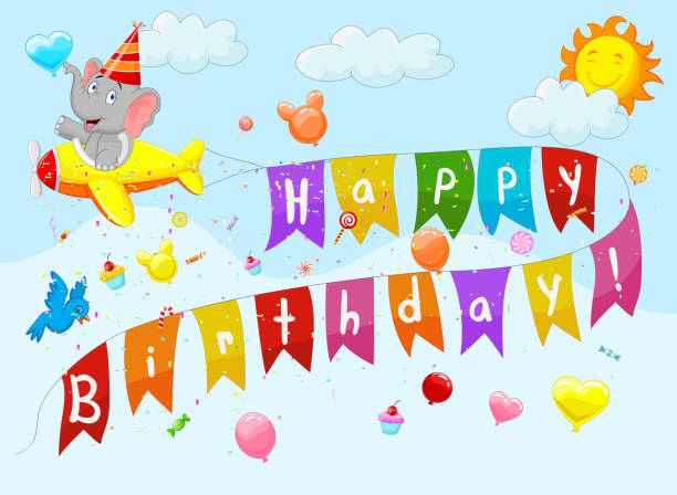 ilustrações de stock, clip art, desenhos animados e ícones de fundo de aniversário com o elefante mulher no plano - birthday airplane sky anniversary