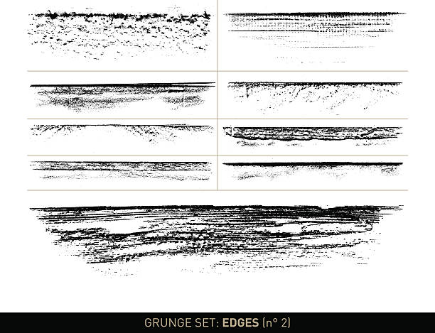 Grunge set: Edge elements in b/w · n° 2 Set with 9 different, vectorized grunge edge elements in black on white background. The grunge texture effects are based on frontage and scans of real structured edges and borders, such as cardboard, wood, stone, books, scratched metal, splattered paint on wood, etc. Color can be easily changed. dirty wood stock illustrations