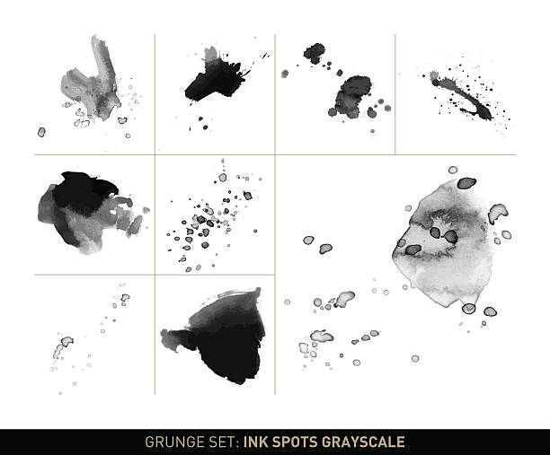 zestaw grunge: atrament plamy i plamami w skali szarości - splashing water drop white background stock illustrations