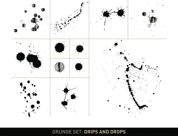 Vector illustration of Grunge set: Drips and drops of paint in b/w