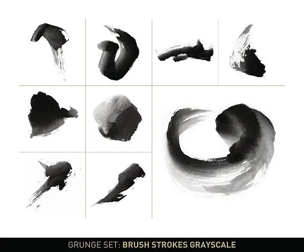 Vector illustration of Grunge set: Dynamic brush stroke movements in grayscale