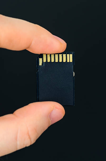 istock Male hand holding SD card on black background. 469626116