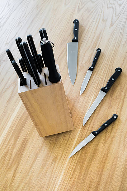 istock Set of kitchen knife on wooden table 469628564