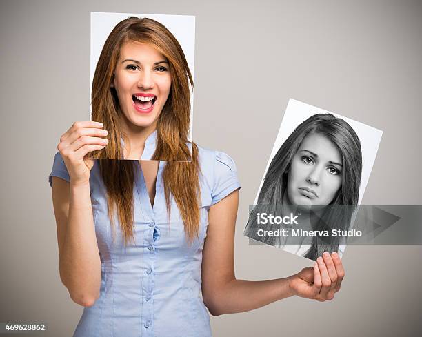 Woman Changing Her Mood Stock Photo - Download Image Now - Sadness, Cheerful, Depression - Sadness