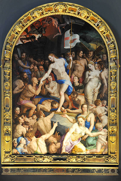 Descent of Christ to limbo - Bronzino In the Basilica of Santa Croce museum, in the Refectory, where the Cimabue crucifix hangs, there is an now an exhibit set up in the middle of the space. One of the paintings is Bronzino's "The Descent of Christ Into Limbo". The predella of this work was "lost" in the Santa Croce complex since the flood of 1966 or before - it was previously removed from the church itself when Vasari made alterations to the piazza end of the building. It was only "discovered" again in 2003 and had been in restoration along with the main painting since - and what a restoration it has been. The painting is on a giant panel made up of several pieces of wood (over 4 meters tall) and was badly damaged by the flood. It has been skillfully restored (perhaps overly so) to such a brilliance that it looks brand new. If you visit Santa Croce make sure to visit this part of the complex and see this striking work by a mature Bronzino. piazza di santa croce stock pictures, royalty-free photos & images