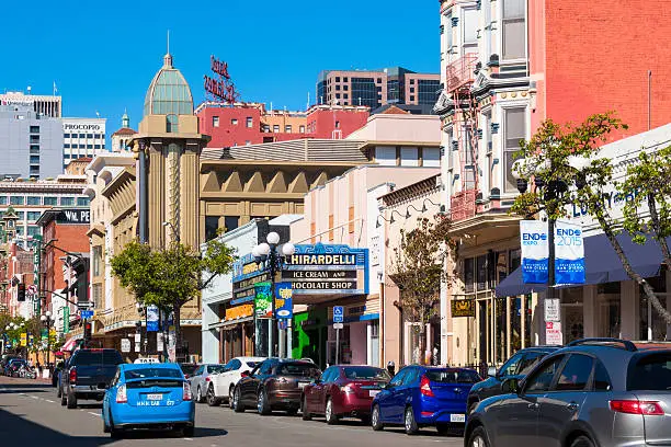 Photo of 5th Avenue with businesses. 5th Avenue is a main artery of the Gaslamp Quarter in Downtown San Diego, California, USA on a clear day.