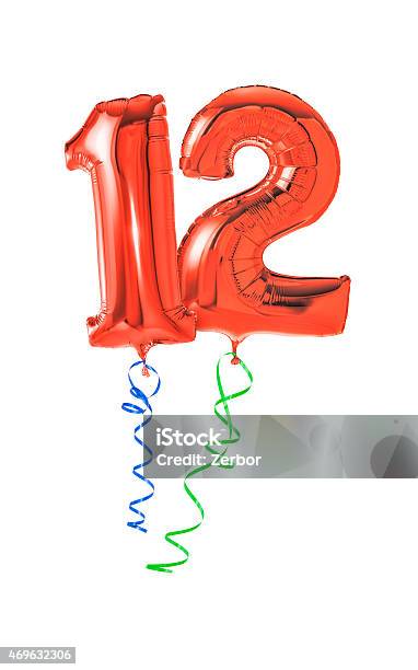 Red Balloons With Ribbon Number 12 Stock Photo - Download Image Now - Number 12, White Background, 2015