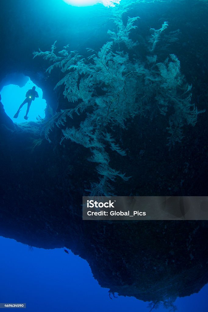 Diving the drop off's in Palau Palau has incredible dives to offer including the drop off's where the dives come along walls covered with stunning corals. Below the depths goes to the abyss Cave Stock Photo