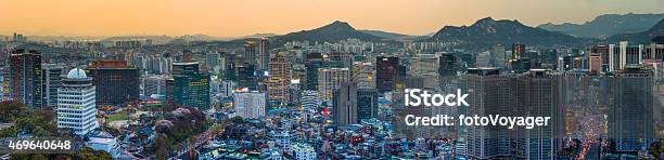 Seoul Neon Lights Crowded Cityscape Panorama Over Downtown Sunset Korea Stock Photo - Download Image Now