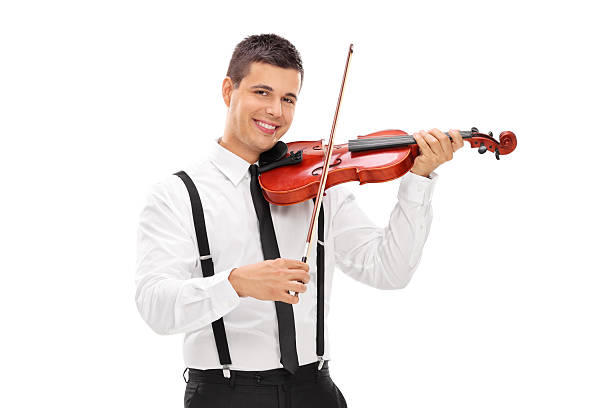 istock Happy man playing a violin and looking at camera 469640880