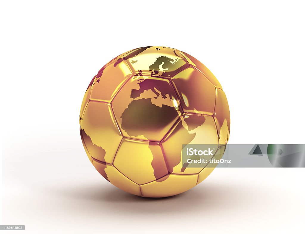 Gold soccer ball trophy Golden soccer ball with a world map, isolated on white background Soccer Stock Photo