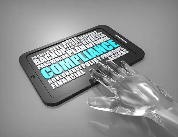 Compliance wordclouds concept, tablet pc with glass hand isolated on gray