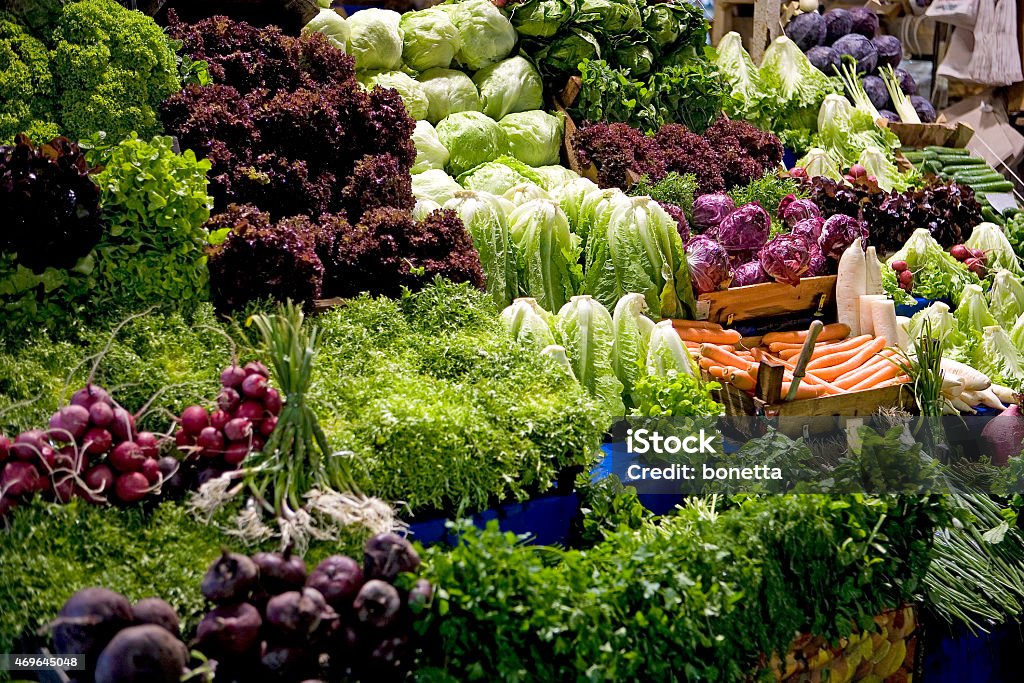 market day Fresh organic vegetables at a farmers market 2015 Stock Photo
