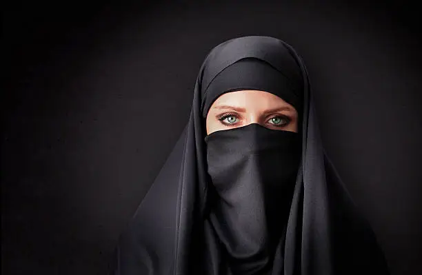 Young muslim woman with traditional black veil.