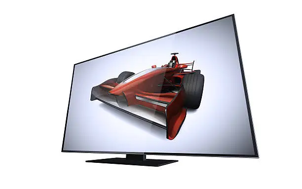 Flatscreen television monitor Monitor, Display isolated on white background. 3D render. open-wheel single-seater racing car race car, high quality 3d rendering, my own design.