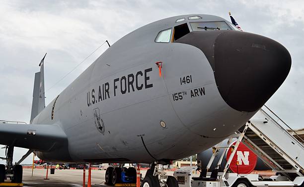 KC-135 Stratotanker Refueling Airplane Panama City, Florida - April 11, 2015: A U.S. Air Force KC-135R Stratotanker refueler on the runway at Tyndall Air Force Base. This KC-135 is assigned to the 155th Air Refueling Wing, a component of the Nebraska Air National Guard.  military tanker airplane photos stock pictures, royalty-free photos & images