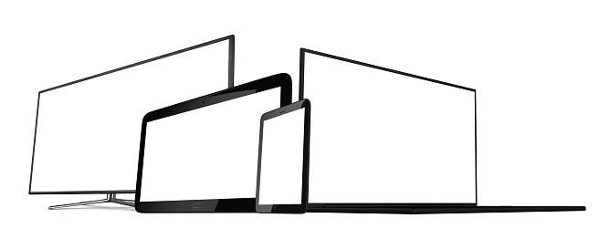 3d rendering of a laptop with a smartphone and tablet on white background