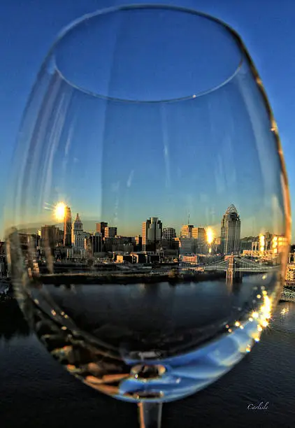 View of the city through a wine glass.