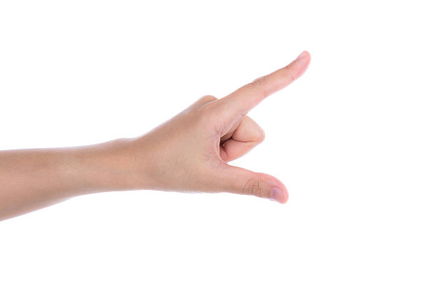 istock Woman hand touching virtual screen isolated on white background 469657317