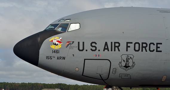 Panama City, Florida - April 11, 2015: A U.S. Air Force KC-135R Stratotanker refueler on the runway at Tyndall Air Force Base. This KC-135 is assigned to the 155th Air Refueling Wing, a component of the Nebraska Air National Guard. 