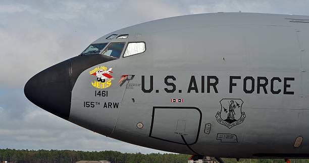 KC-135 Stratotanker Refueling Airplane Panama City, Florida - April 11, 2015: A U.S. Air Force KC-135R Stratotanker refueler on the runway at Tyndall Air Force Base. This KC-135 is assigned to the 155th Air Refueling Wing, a component of the Nebraska Air National Guard.  military tanker airplane photos stock pictures, royalty-free photos & images