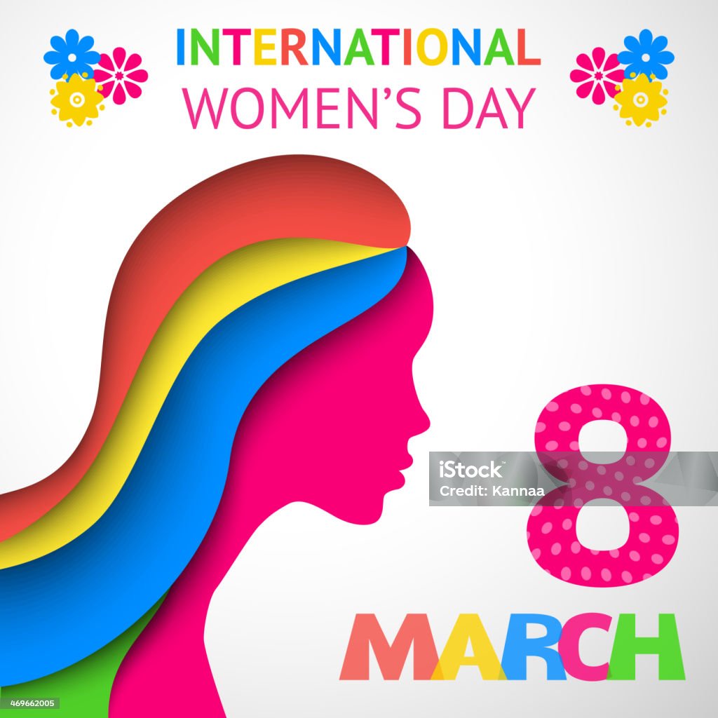 International Women's Day multicolor graphic for a card Happy Women's Day greeting or gift card on white background with women's silhouette cut out paper. Vector illustration for attractive beautiful holiday design. Colorful applique to 8 March. Pink color Abstract stock vector