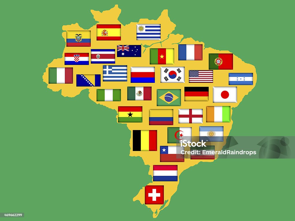 Brazil map with qualified nations for 2014 tournament. Brazil map with flags of qualified nations for 2014 football tournament. Map Stock Photo