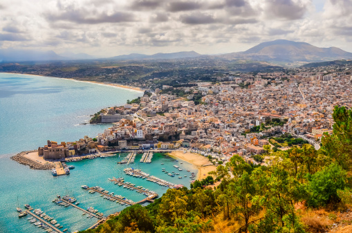 Scenic landscape view of Trapani town and harbor, Sicily, Itay