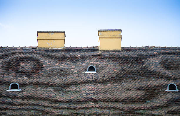 istock Old tiled roof with chimneys and dormers on blue sky 469666840