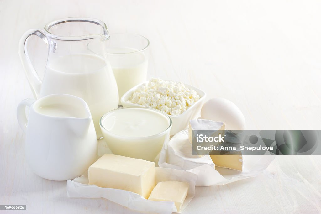 White milk and other dairy products on white background Various dairy products  on white background Dairy Product Stock Photo