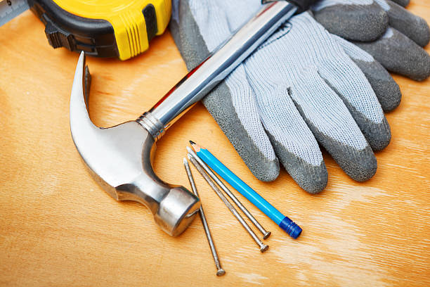 istock Set of DIY tools on wooden table. 469668177