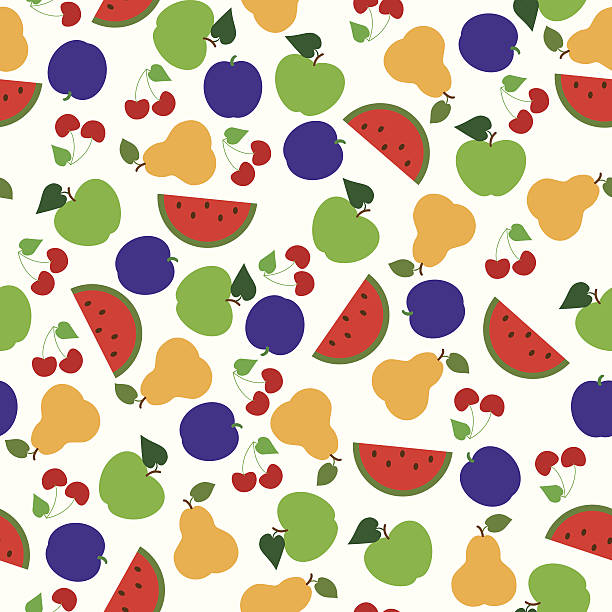 ilustraciones, imágenes clip art, dibujos animados e iconos de stock de patrón sin costuras de frutas de verano - portion apple food pattern