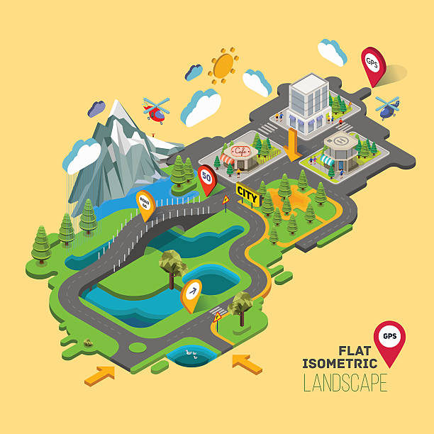 Vector landscape with a picture of the nature and landscape Flat vector landscape with a picture of the nature and landscape of mountains and lakes, road junction GPS navigation infographic 3d isometric concept. cartographer stock illustrations
