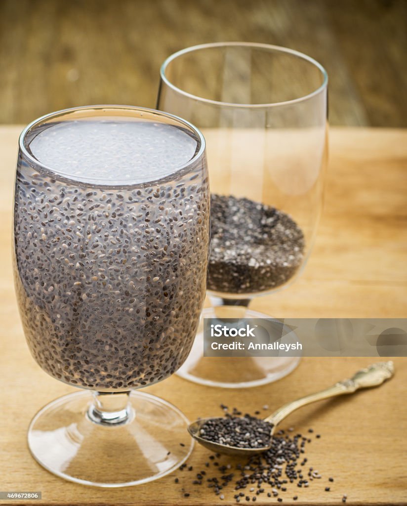 Chia seeds drink with water Chia seeds drink with water in transparent glass with lime and lemon balm. selective Focus 2015 Stock Photo