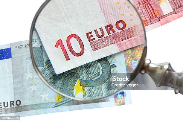 Examination Of Euro Banknote Stock Photo - Download Image Now - European Union Euro Note, Magnifying Glass, Austerity