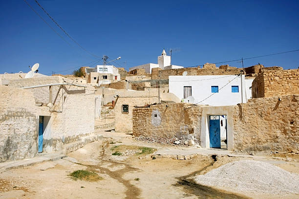 Sidi bou Said, Tunisia - January 6, 2022: Blue and white building in the street of Sidi bou Said. High quality photo