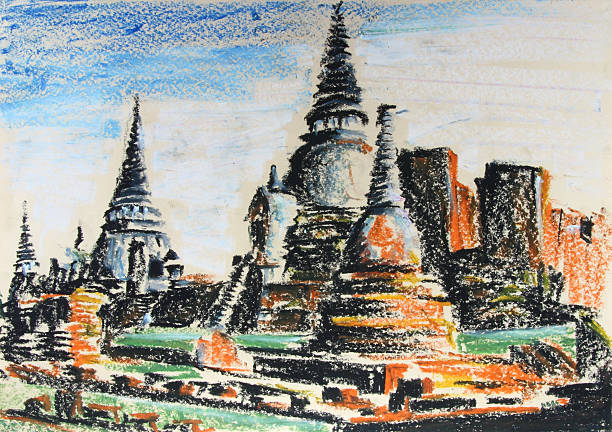 illustrazioni stock, clip art, cartoni animati e icone di tendenza di vecchio dipinto tempio - thailand thai culture travel buddha
