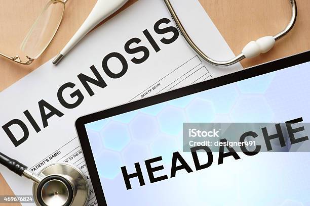 Tablet With Diagnosis Headache And Stethoscope Stock Photo - Download Image Now - 2015, Abstract, Concepts