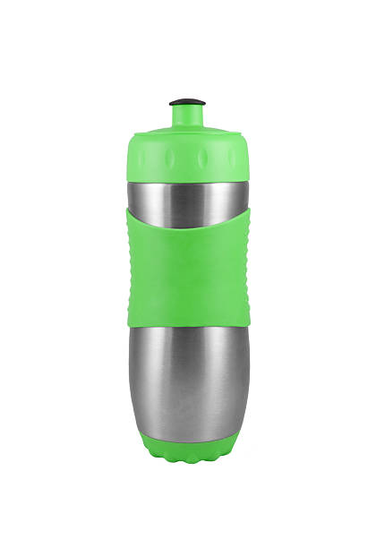 istock Green metal camping water bottle isolated on white 469677116