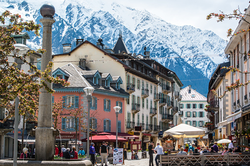 Chamonix-Mont-Blanc, France - May 15, 2014: People having lunch in a cafe, Chamonix-Mont-Blanc