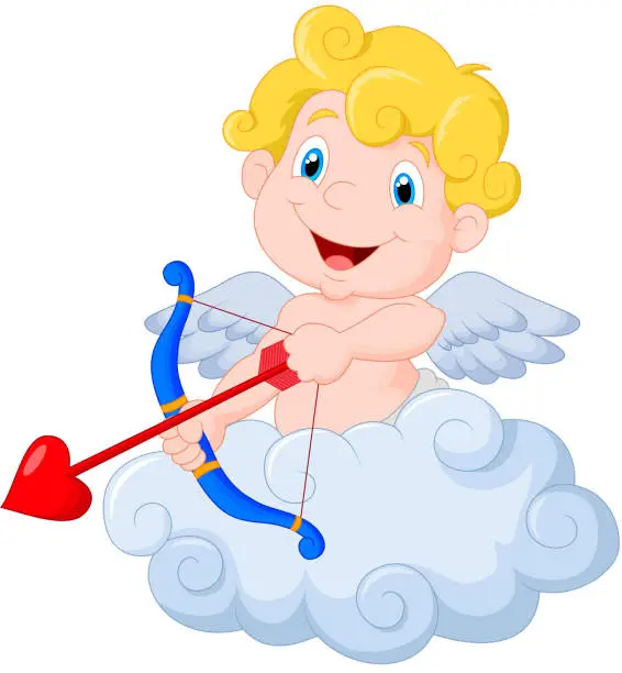 Vector illustration of Funny little cupid cartoon aiming at someone