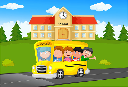 School Kids Cartoon Riding A School Bus Stock Illustration - Download Image  Now - Bus, 2015, Adult - iStock