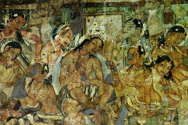 Ajanta Cave, Maharashtra, India (19th Nov 2011): This is one of the rarest mural painting that preserved well in Ajanta Caves. These are 13th century paintings painted by buddhist monks showing different aspects of life of Buddha.