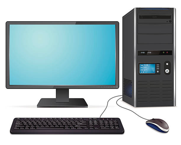 ilustrações, clipart, desenhos animados e ícones de realista caso com monitor de computador, teclado e mouse - unidade de processamento central