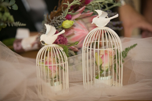 Beautiful decorative cage with beautiful flowers, at a wedding