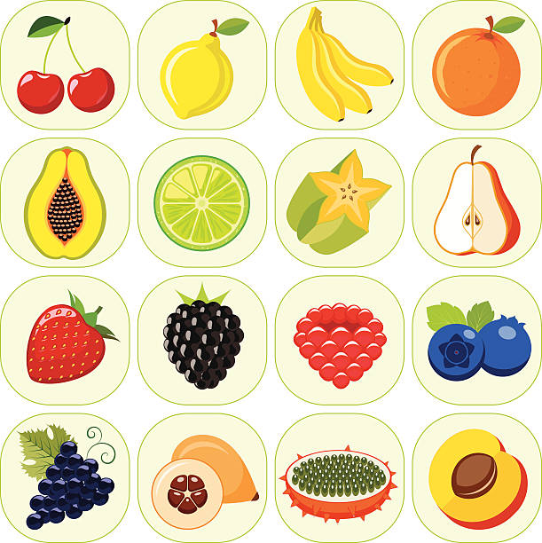 zbiór różnego rodzaju owoców ikony. - strawberry mangosteen agriculture banana stock illustrations